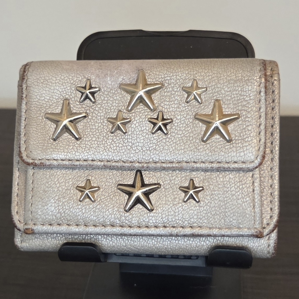 Jimmy Choo Star Stud Metallic Leather Trifold Wallet Champagne Gold Italy